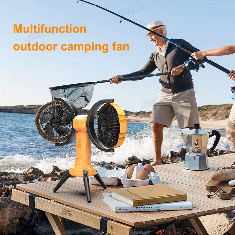 8000Mah Camping Fan Outdoor Rechargeable Cooling Fan Automatic Rotation Portable Fan with Led Light Charging All in One