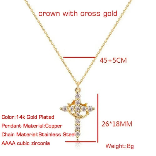 AAAA Cubic Zircon Plated 14K Gold 50Cm Length Men Women Cross Necklace Crown Rotatable Hang Jewelry Drop Shipping